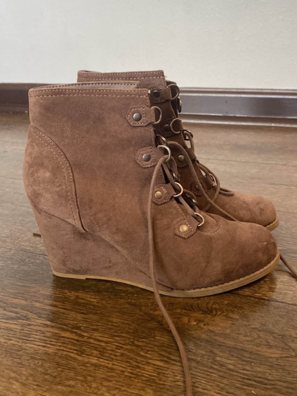 Madden Girl Brown Suede Lace-Up Wedge Booties
